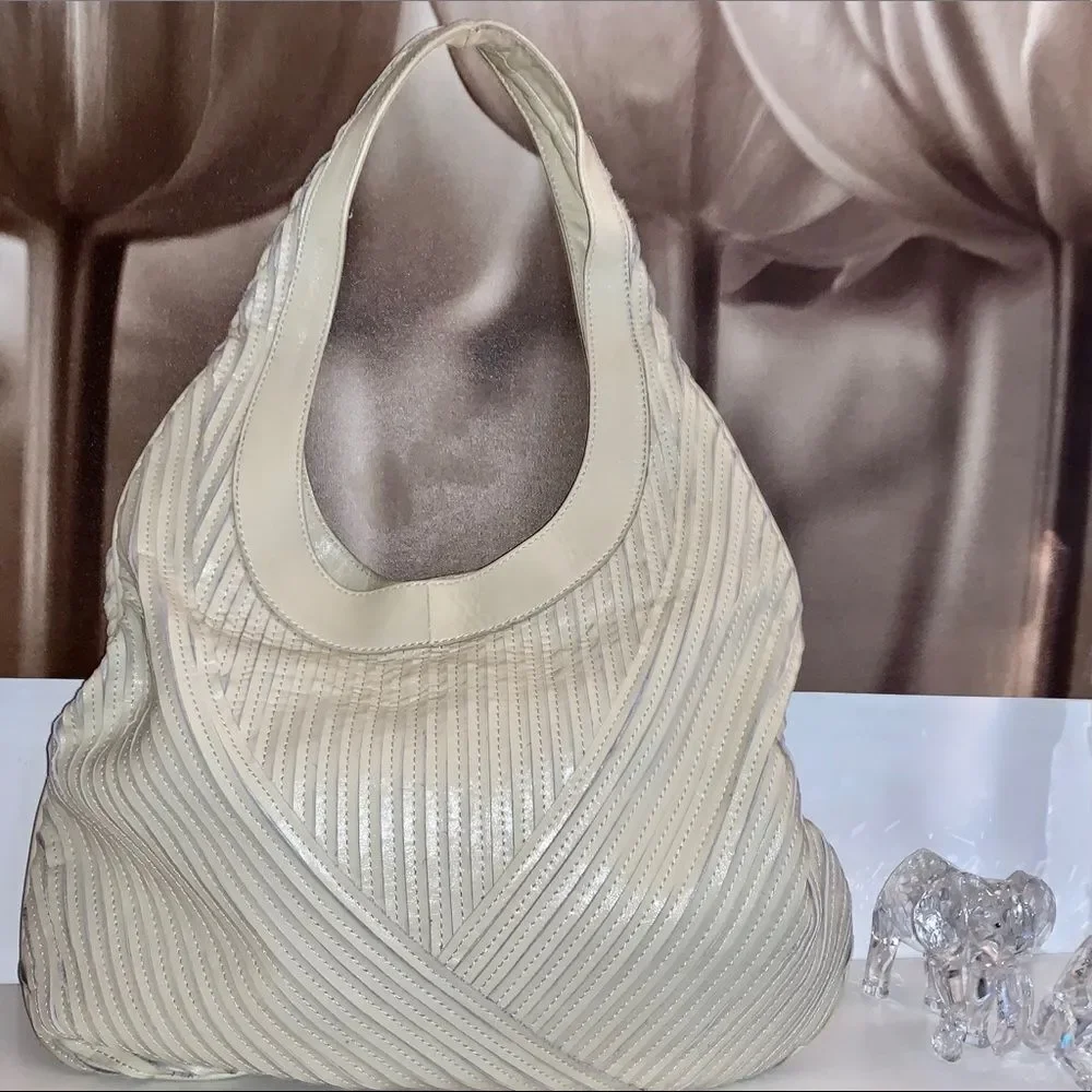 Sandra Roberts Leather Cream Hobo Bag